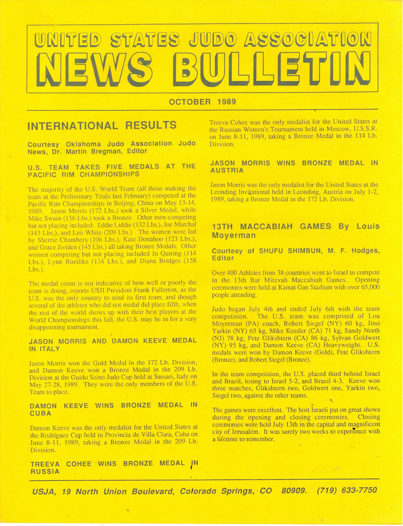 10/89 United States Judo Association News Bulletin